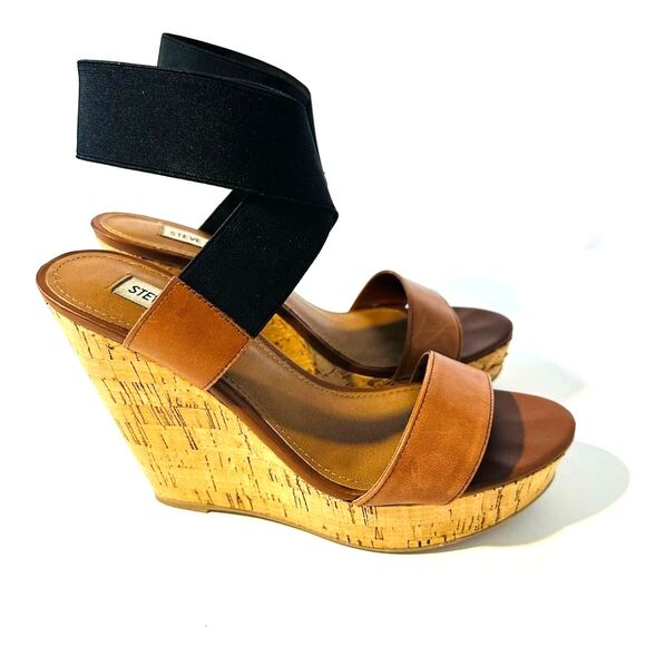 Steve Madden Women's 7 M Roper Wedge Cork Sandals Platform Heels Brown Black - Picture 1 of 14